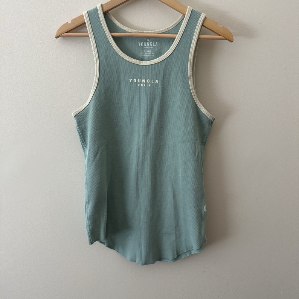 Young LA Tan Rocket Lab Graphic Women's Tank Top Size Medium Aqua Mint